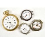 Three military style watches, possibly WWI era, a/f together with an Ingersoll pocket watch.
