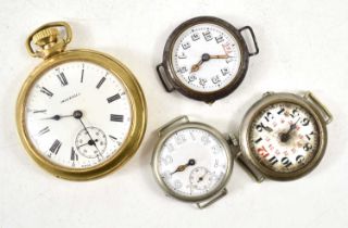 Three military style watches, possibly WWI era, a/f together with an Ingersoll pocket watch.
