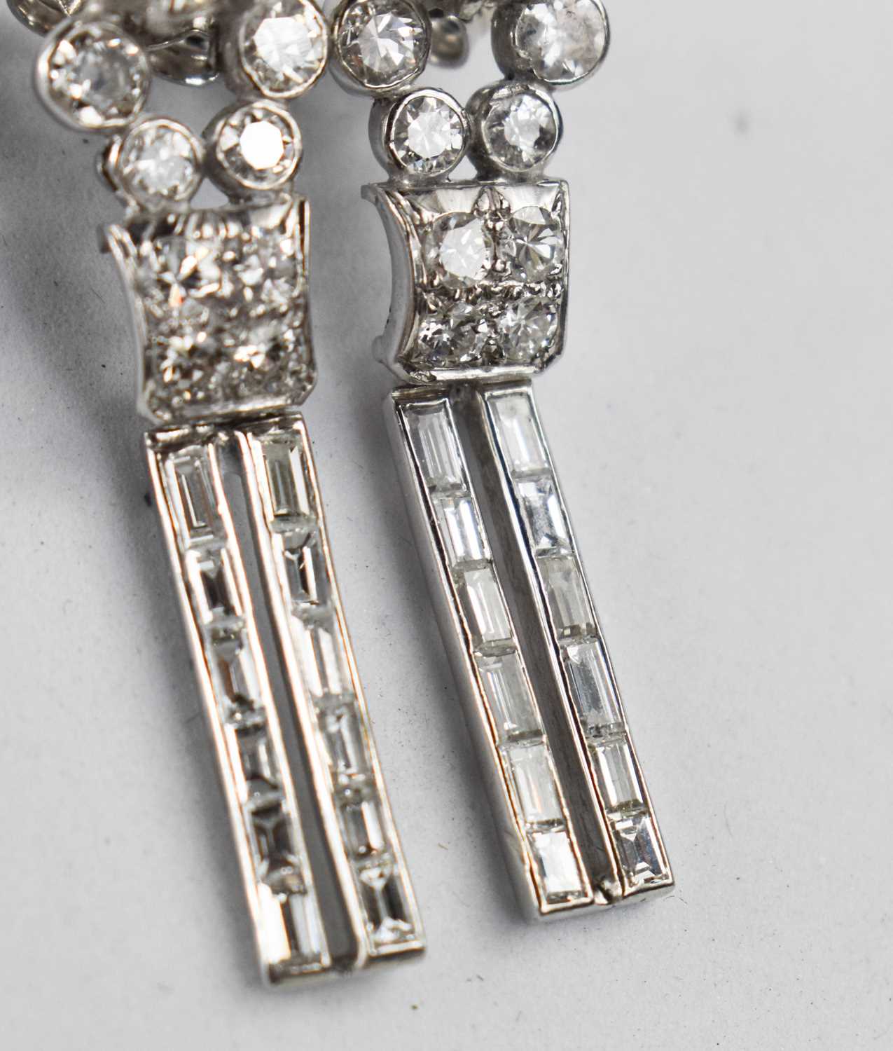 A pair of Art Deco18ct white gold and diamond drop earrings, each of the primary diamonds - Image 3 of 6