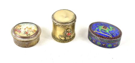 Three trinket boxes to include a silver and enamel example.