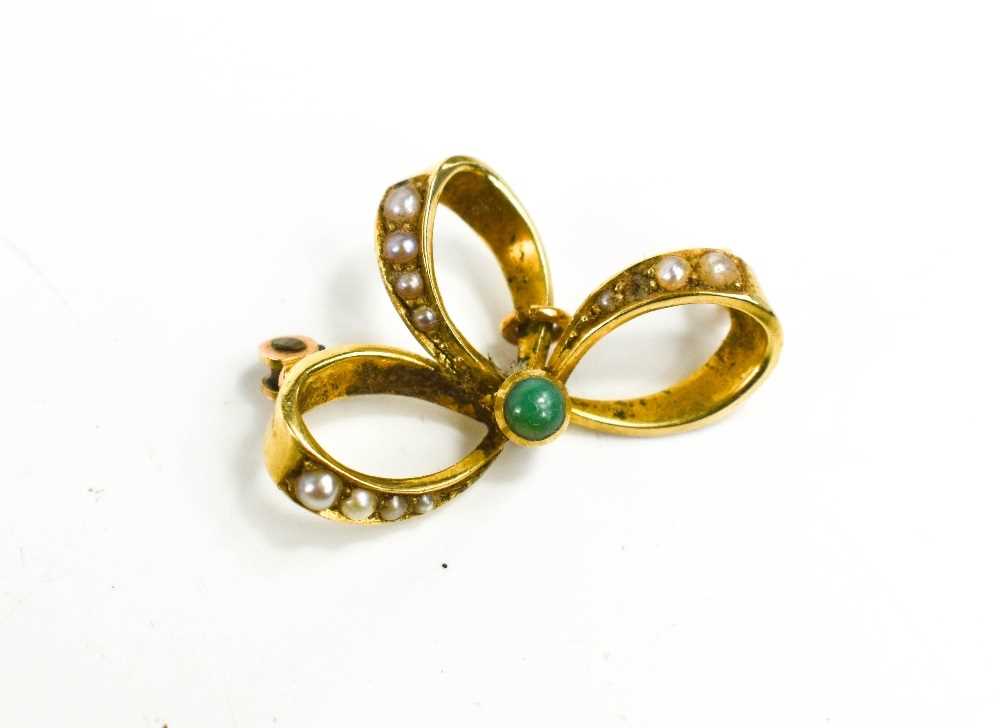 A 9ct gold, turquoise and seed pearl pendant or brooch front, of scrolling form, 2.5 by 1.5cm, 2.