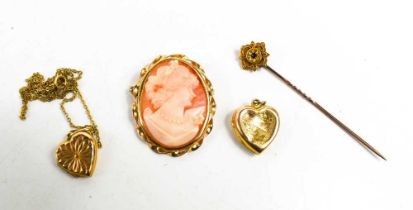 A group of 9ct gold items, comprising two heart shaped lockets, one with gold back and front on base