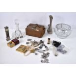 A group of silver and costume jewellery including two silver miniature decanter labels, a cut