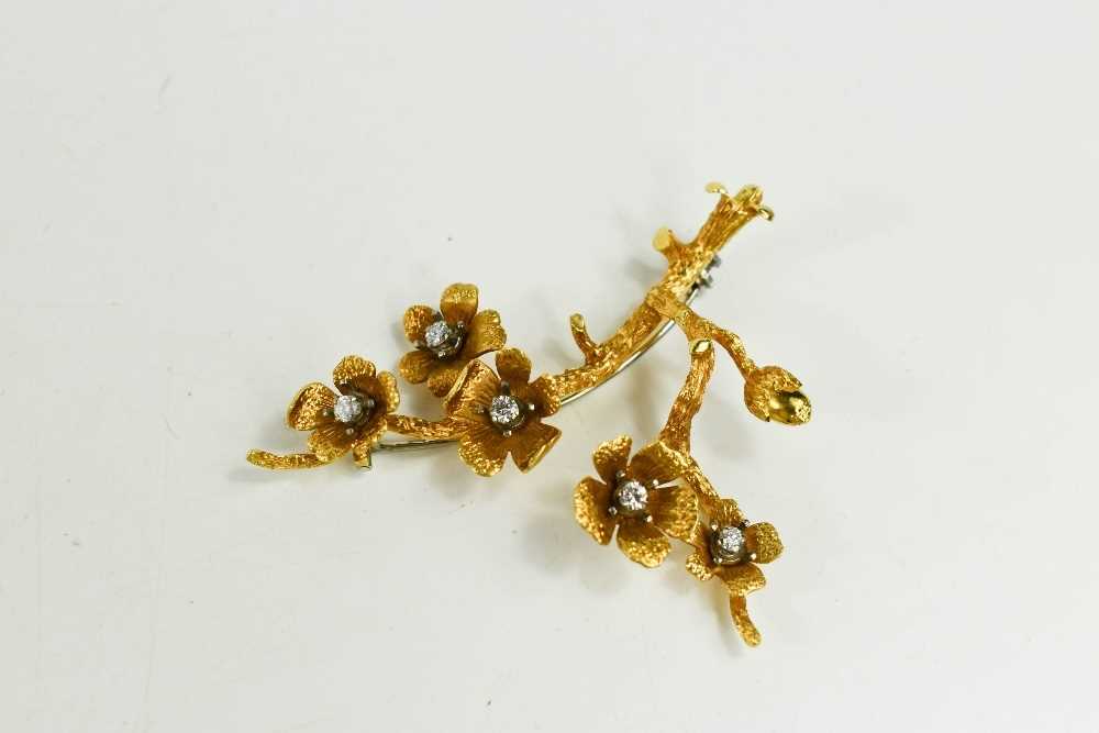 An 18ct gold and diamond set branch & blossom form brooch, likely by Kim Styles (incomplete makers - Image 2 of 3