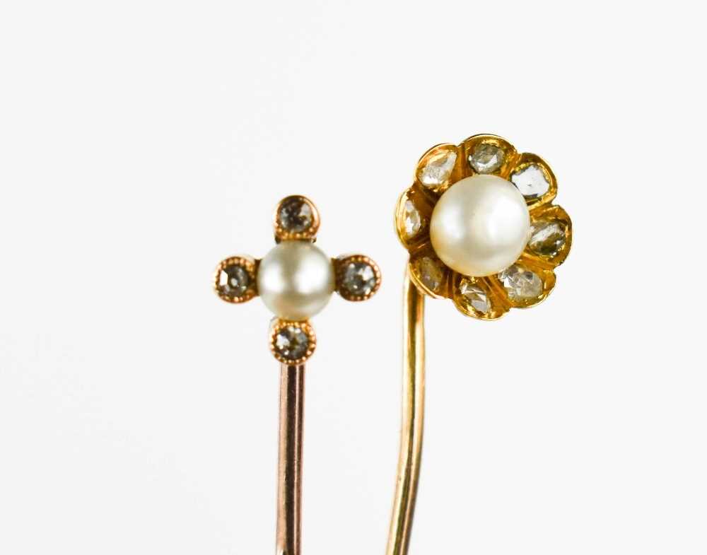 A gold (testing as at least 14ct), diamond and pearl hat pin, of flower head form, set with old - Image 2 of 3