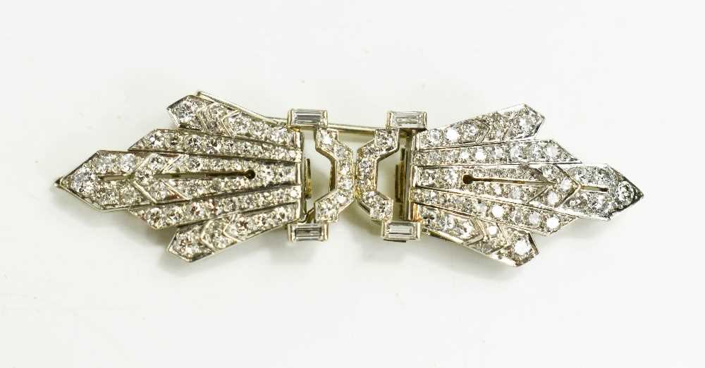 An Art Deco Marcus & Co diamond set metamorphic brooch, likely platinum, each starburst clip set - Image 3 of 5