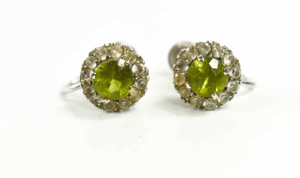 A pair of 9ct white gold and lime green stone, and white paste border, 2.85g. - Image 3 of 3