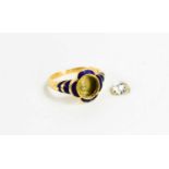 A gentleman's gold, diamond and enamel ring, with curved quatrefoil blue enamel surround to a
