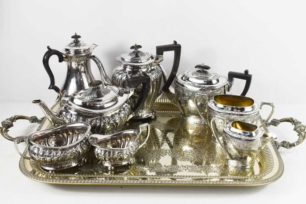 A group of silver plate comprising a tray with Masonic inscription, two tea sets and an additional - Image 2 of 2