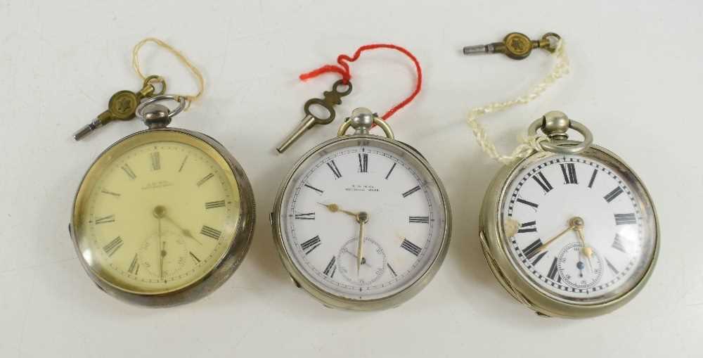 Three Victorian pocket watches; two silver A W W Co Waltham Mass pocket watches, and a Silveram