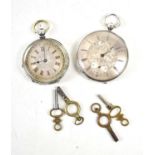 Two early 20th century silver cases pocket watches, both having a silvered dial with Roman Numerals,