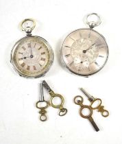 Two early 20th century silver cases pocket watches, both having a silvered dial with Roman Numerals,