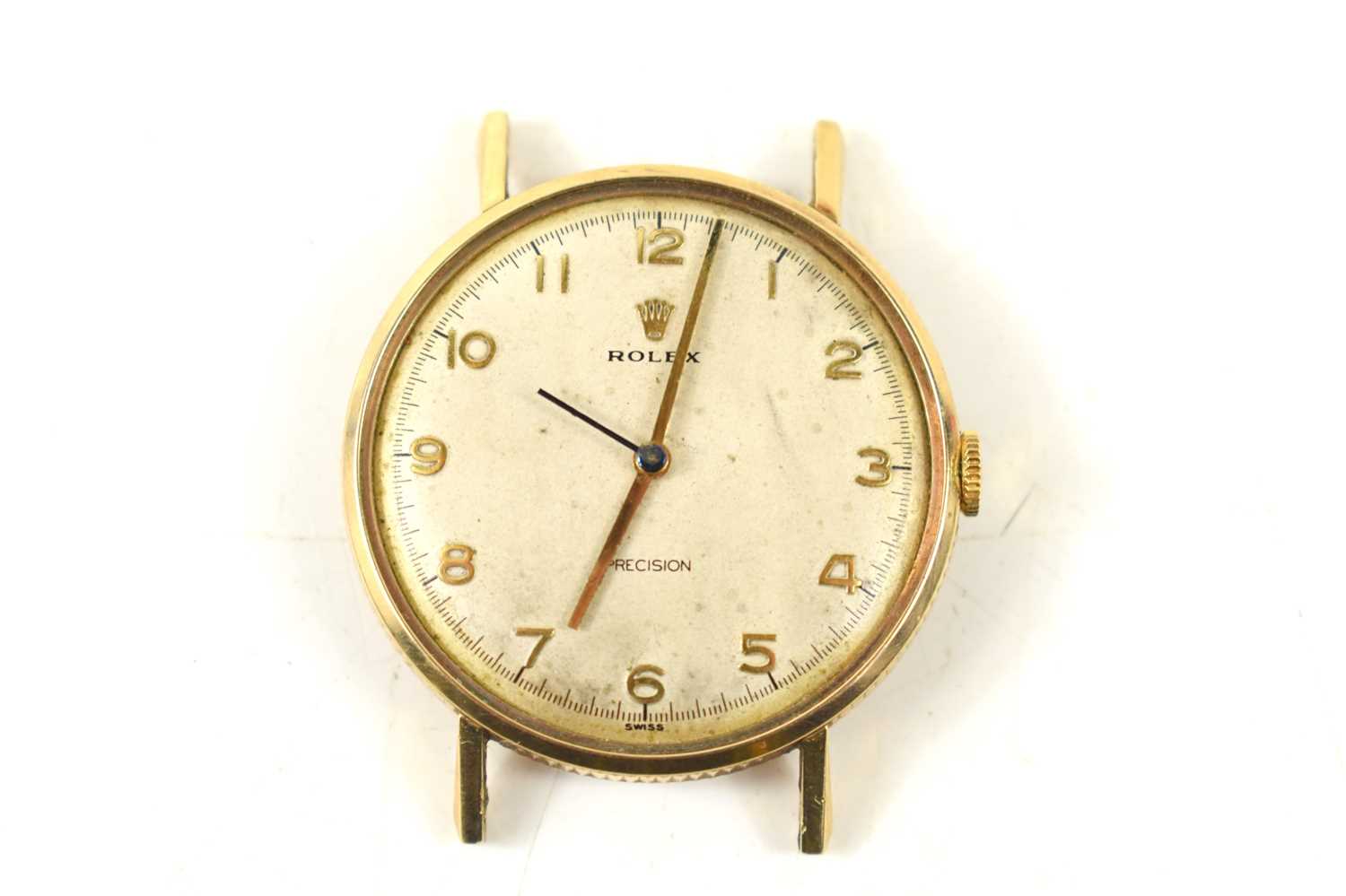 A vintage 9ct gold cased Rolex precision watch, the signed champagne dial with Arabic numerals and