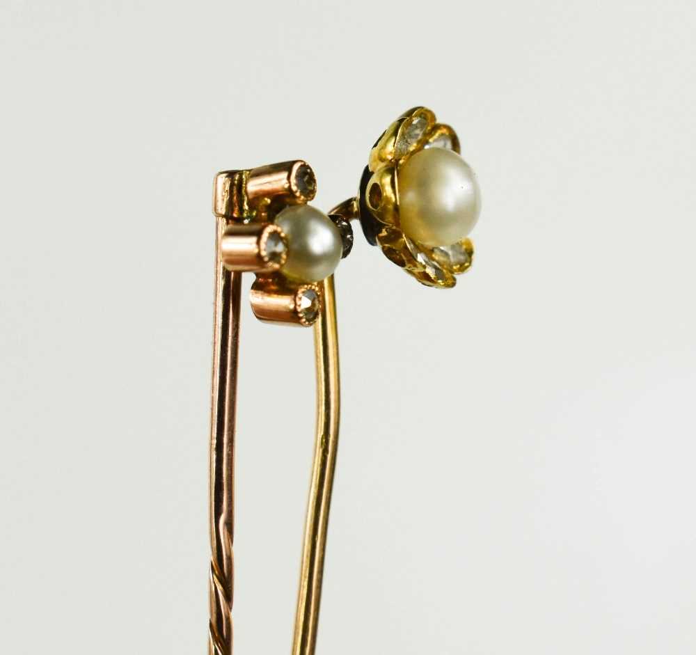 A gold (testing as at least 14ct), diamond and pearl hat pin, of flower head form, set with old - Image 3 of 3