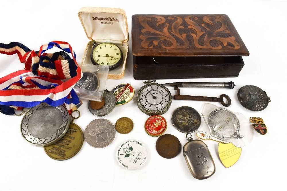 A group of collectables to include an 1889 Victoria crown, a silver medallion to LS Woodiwis, a