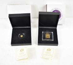 A 24ct gold "2022 Platinum Jubilee" square ingot, 5g, together with a 24ct gold coin, 0.5g, with