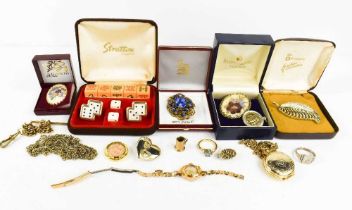 A group of jewellery and costume jewellery including a silver signet ring and a 9ct gold chain.