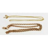 A 9ct gold belcher link chain, 41cm long, together with a 9ct gold fine chain, 43.5cm long, combined
