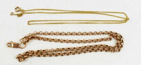 A 9ct gold belcher link chain, 41cm long, together with a 9ct gold fine chain, 43.5cm long, combined