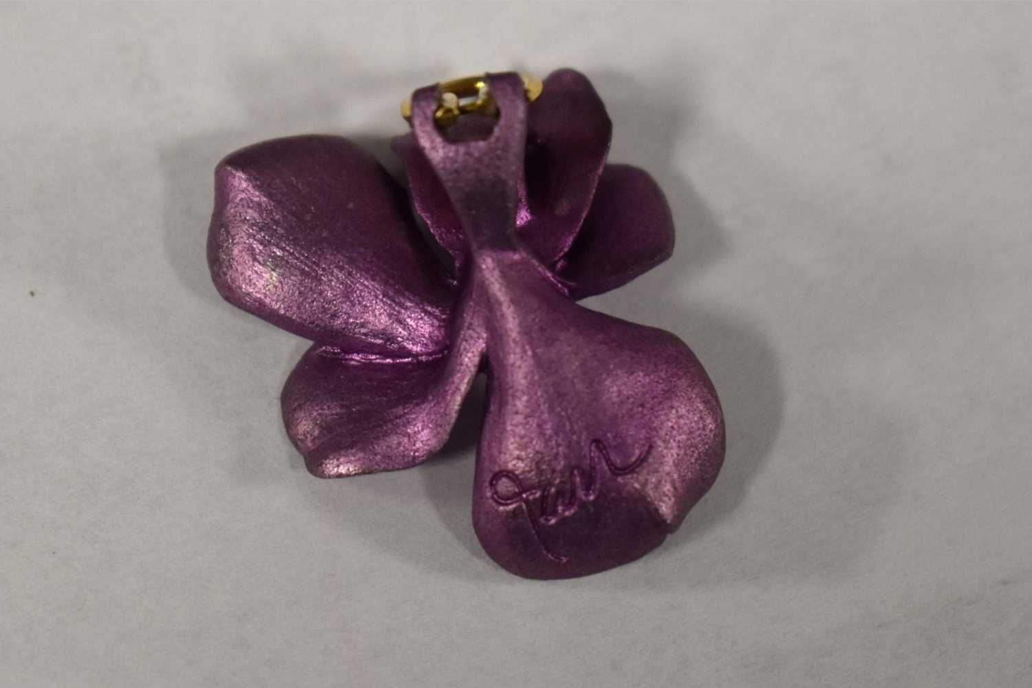 A pair of JAR, Joel Arthur Rosenthal pansy earrings, in signature purple enamel on aluminium with - Image 3 of 7