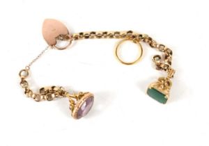 A gold belcher link bracelet with a 22ct gold wedding band, two fobs and a 9ct gold heart shaped