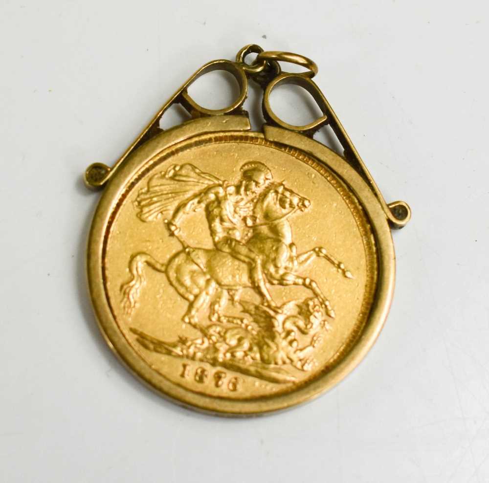 A Queen Victoria Young Head full Sovereign, 1876, in 9ct gold mount, 9.5g.