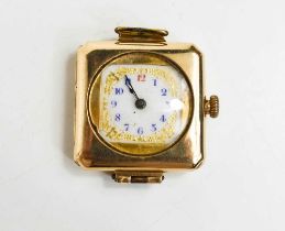 A vintage 15ct gold case lady's watch, the square porcelain dial with Arabic numerals in blue and