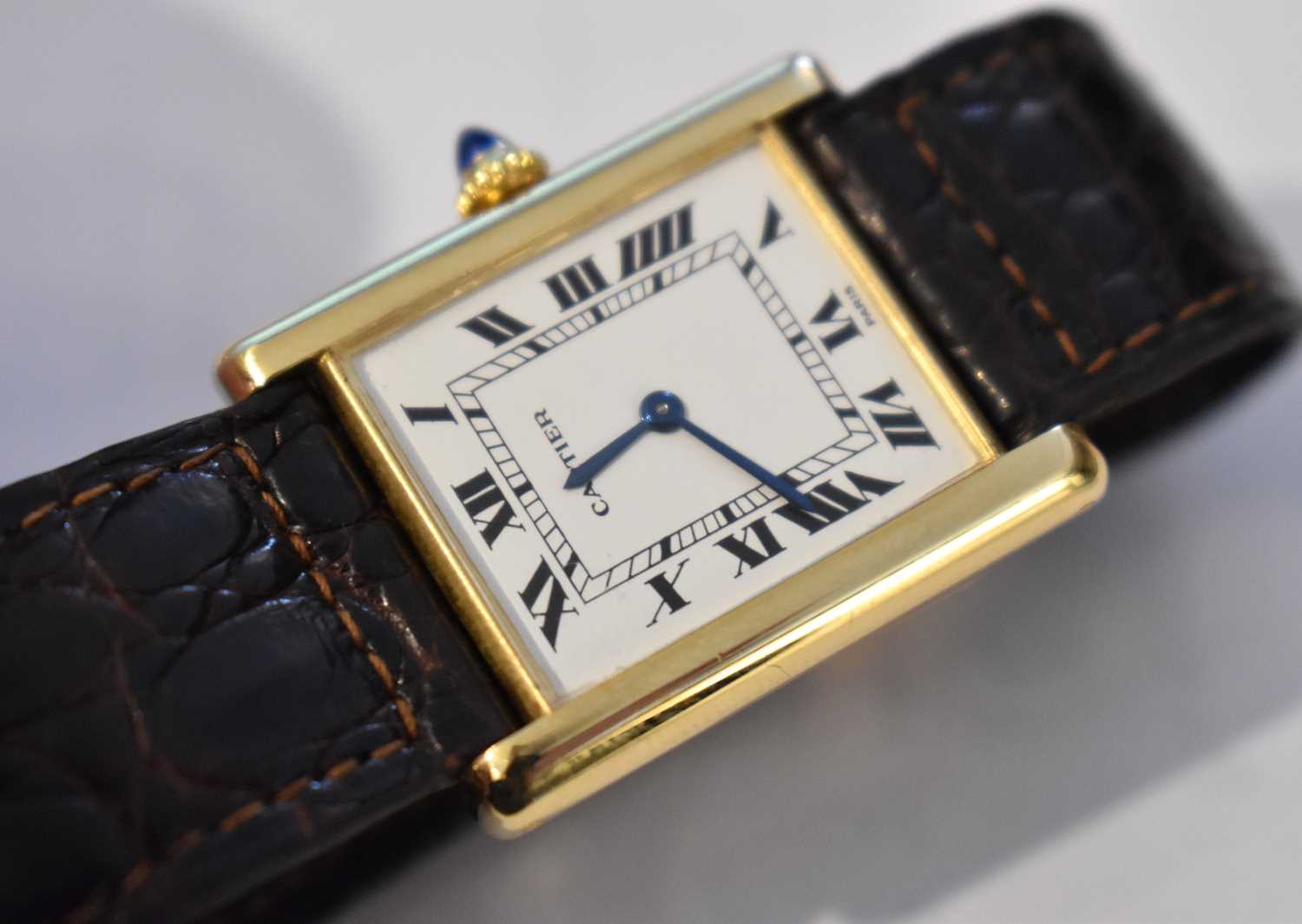 An 18ct gold cased Cartier tank watch, the signed white rectangular dial with Roman numerals and - Image 9 of 14