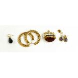 A group of 9ct gold jewellery, comprising a pair of gold and amethyst drop earrings, a pair of