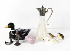 A moulded hobnail glass claret jug with plated top, two plated figures of a chimney sweep and his
