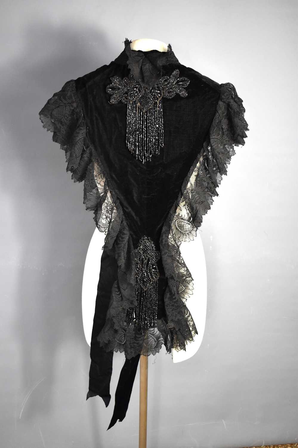 A Victorian velvet and lace mourning bodice with decorative jet bead work and tassels. - Image 2 of 6