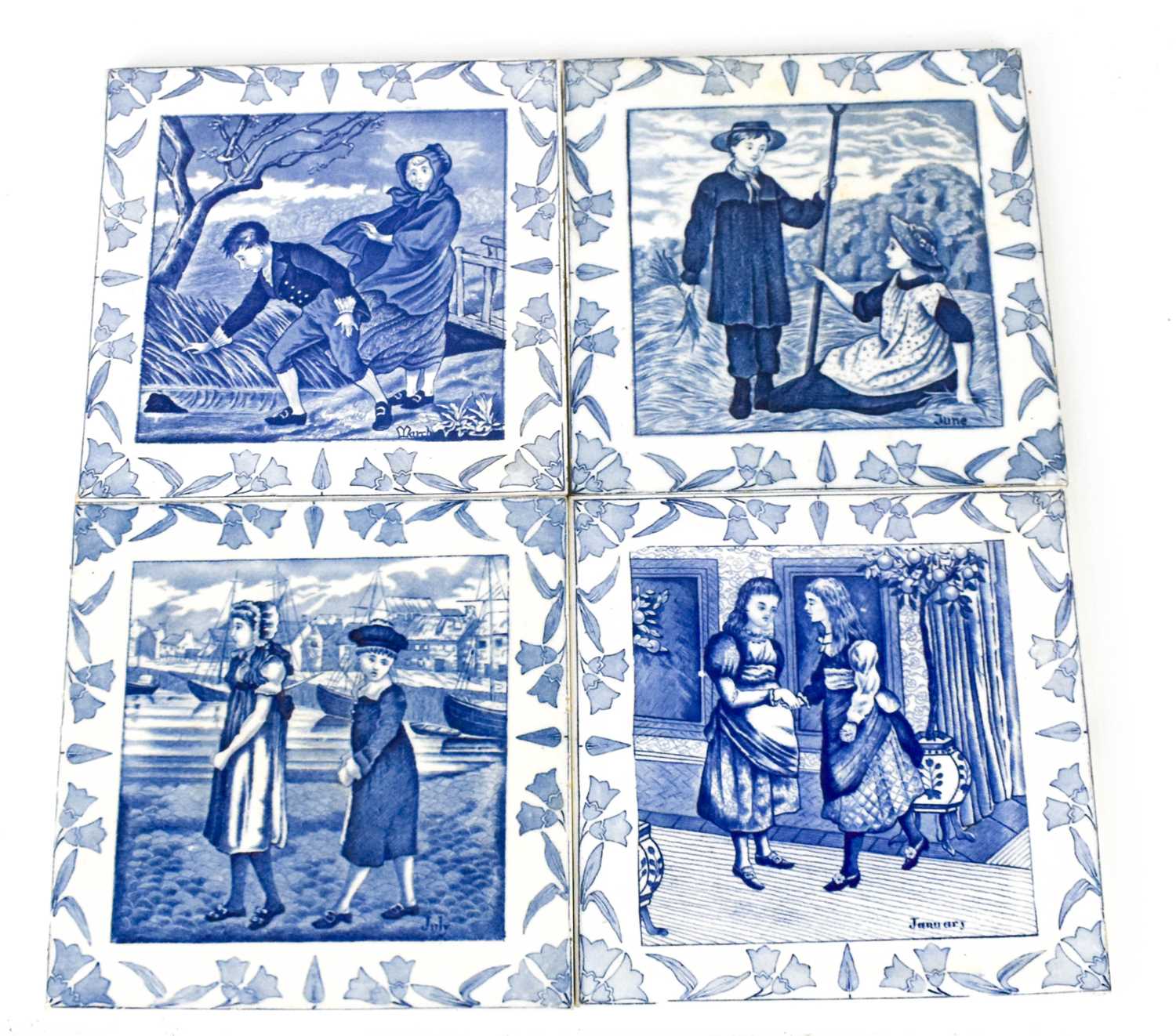 Four Helen Miles Wedgewood tiles comprising January, March, June, July, with harebell border, 20.5