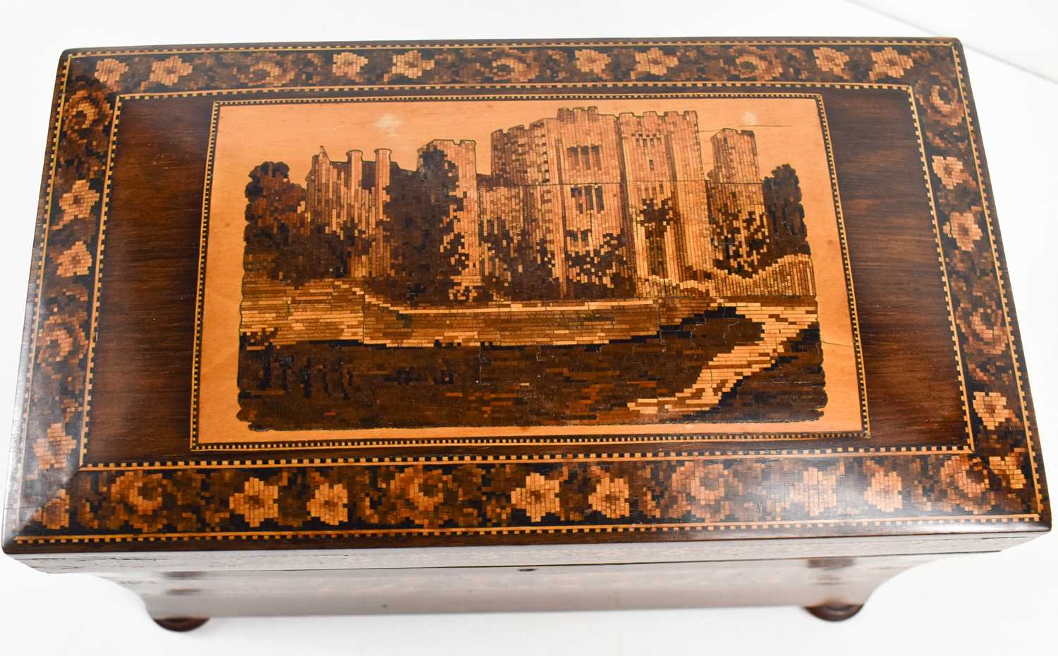 A 19th century Tunbridge Ware tea caddy, likely made by Henry Hollamby, the slightly concave sides - Image 6 of 10