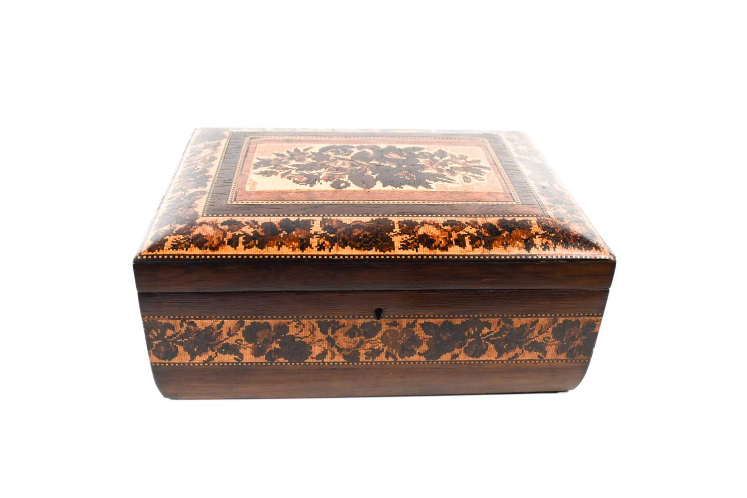 A 19th century rosewood Tunbridge ware box, the raised lid decorated with a mosaic floral group, - Image 2 of 4