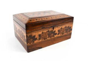 A 19th century rosewood Tunbridge ware box, the raised lid having a tumbling block pattern to the
