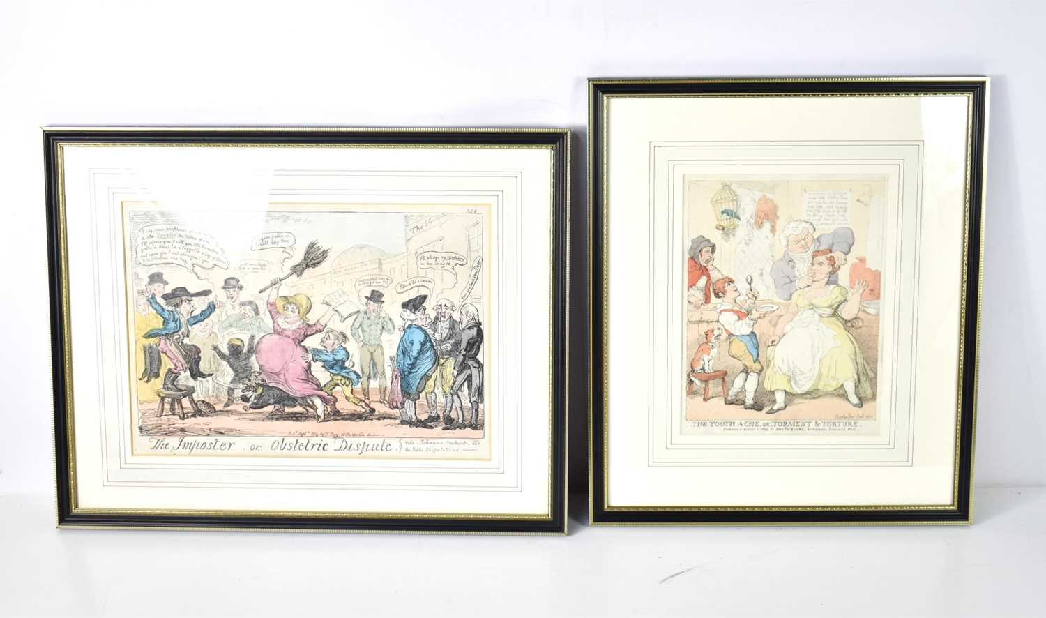 Two 19th century hand coloured engravings, titled "The Imposter, or Obstetric Dispute" by Thomas