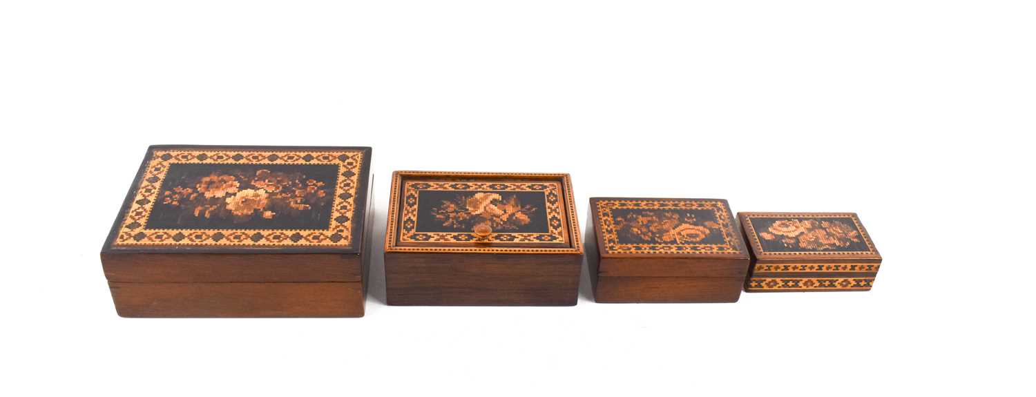 A group of four 19th century Tunbridge Ware boxes, including a playing card box, each decorated with - Image 3 of 3