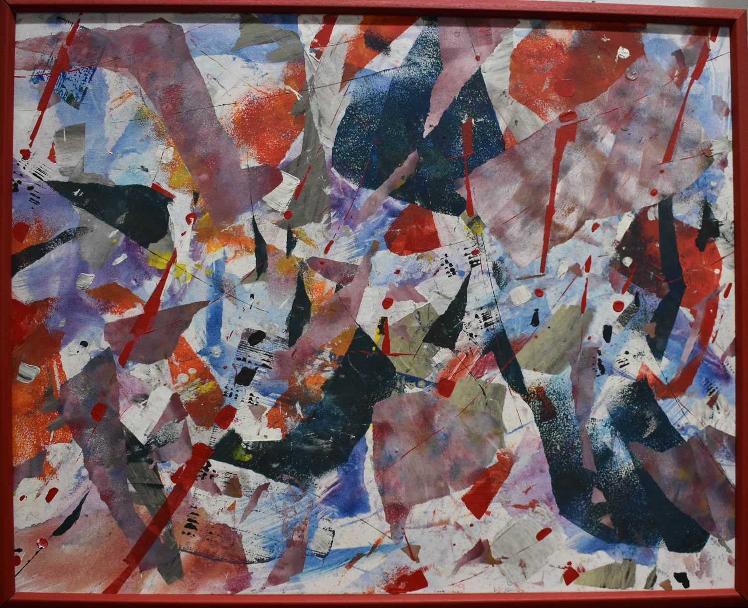 Winfried Berg (20th century): Abstract oil on canvas, signed, in a red frame, 79 by 100cm.