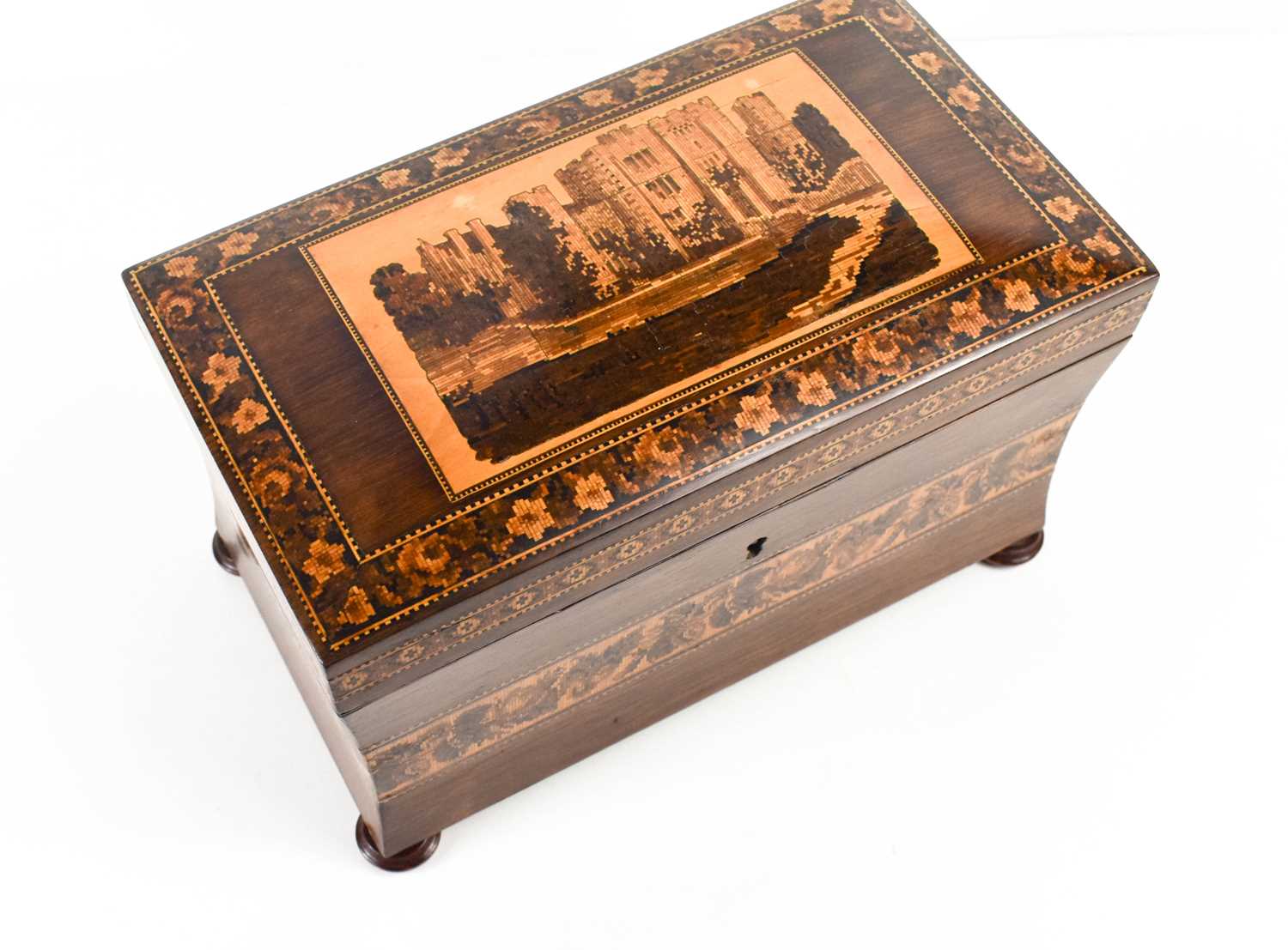 A 19th century Tunbridge Ware tea caddy, likely made by Henry Hollamby, the slightly concave sides - Image 4 of 10