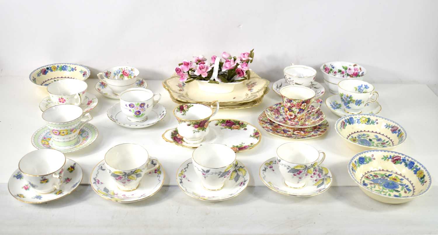 A group of various hand painted and decorative cups and saucers, including a Royal Albert Old