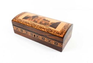 A 19th century Tonbridge ware rosewood glove box, the domed lid depicting a view of Tonbridge