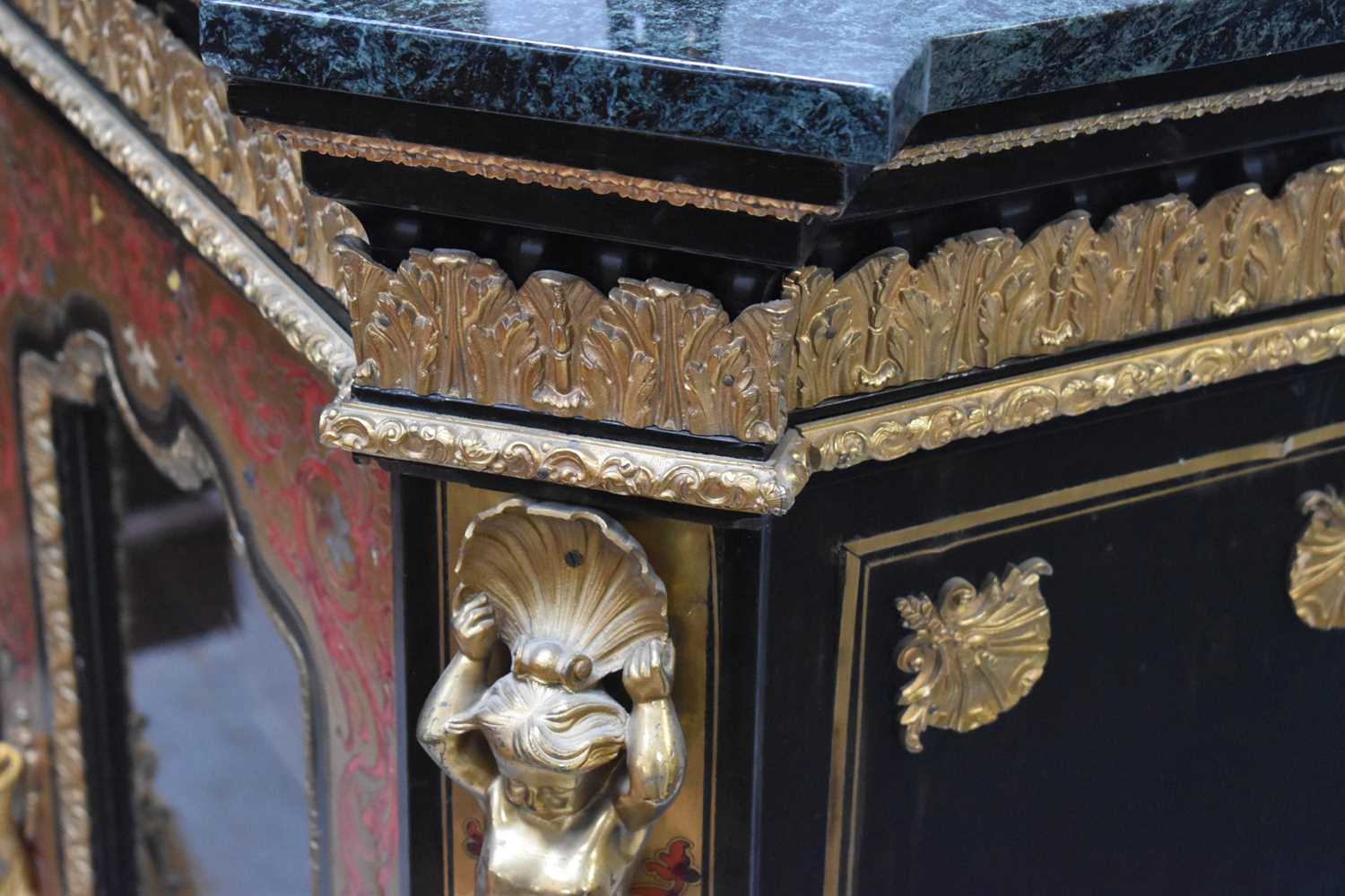 A 19th century style French boulework cabinet, having shaped serpentine marble top, to ebony cabinet - Image 8 of 14