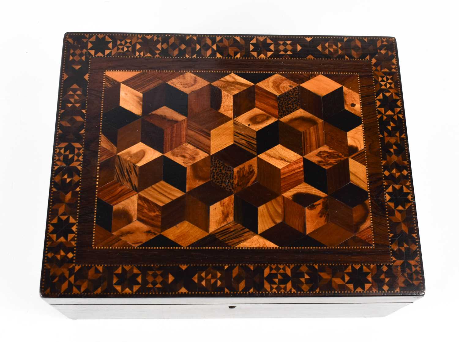 A 19th century rosewood Tunbridge ware work box, the lid with tumbling block design of specimen - Image 4 of 5