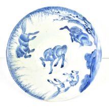 A Chinese blue and white Eight horses of Muwang conical bowl, Qing dynasty, 19.5cm diameter.