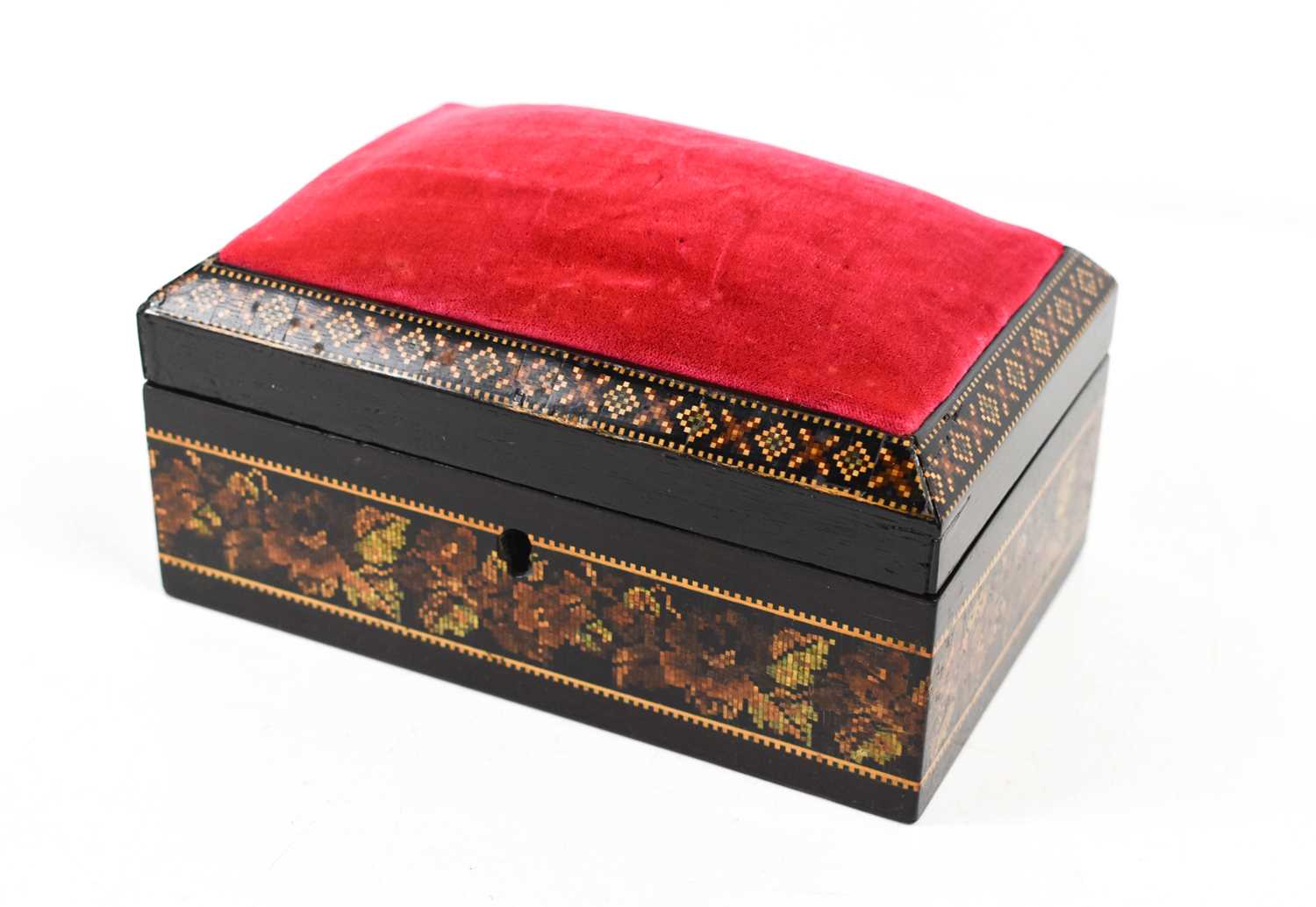 A 19th century Victorian Tunbridge ware pin cushion box, the lid having the velvet lined pin - Image 2 of 4