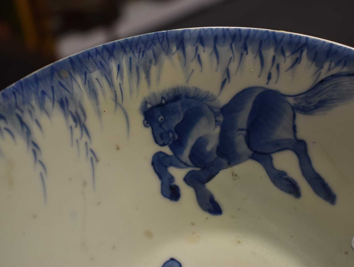 A Chinese blue and white Eight horses of Muwang conical bowl, Qing dynasty, 19.5cm diameter. - Image 7 of 15