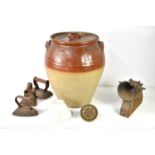 A group of domestic collectables including a large stoneware jar and cover, 45cm high, a
