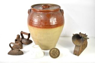 A group of domestic collectables including a large stoneware jar and cover, 45cm high, a