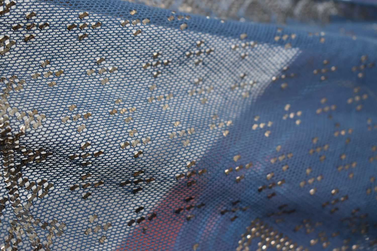 An Art Deco Egyptian Assuit shawl, the blue linen net with hammered silver abstract design, 78 by - Image 5 of 7