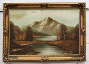 Craig (Canadian, 20th century) oil on canvas, mountain and river landscape, set in a gilt wood